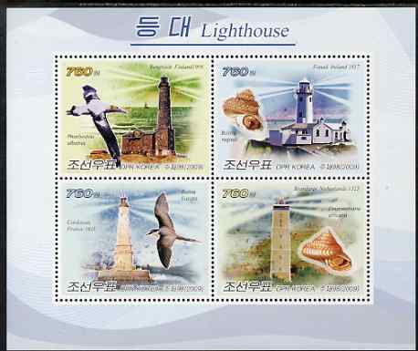 North Korea 2009 Lighthouses #5 perf sheetlet containing 4 values unmounted mint, stamps on lighthouses, stamps on shells, stamps on birds, stamps on marine life