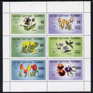 Batum 1994 Flowers set of 6 with Singpex opt unmounted mint, stamps on flowers, stamps on stamp exhibitions, stamps on tulips, stamps on violas