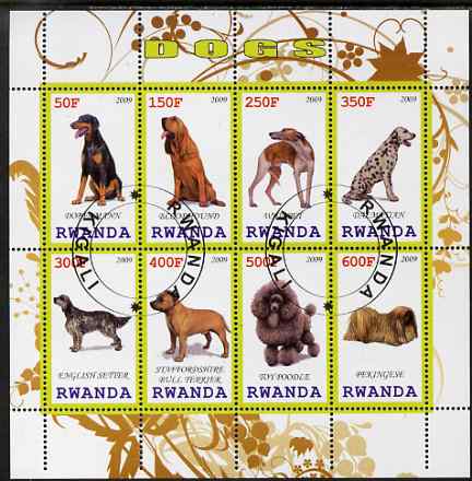 Rwanda 2009 Dogs perf sheetlet containing 8 values fine cto used, stamps on dogs, stamps on dalmations, stamps on poodles, stamps on whippets, stamps on 