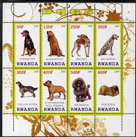 Rwanda 2009 Dogs perf sheetlet containing 8 values unmounted mint, stamps on dogs, stamps on dalmations, stamps on poodles, stamps on whippets, stamps on 