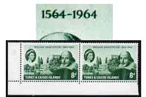 Turks & Caicos Islands 1964 400th Birth Anniversary of Shakespeare 8d unmounted mint pair, one stamp with line through date variety, (R10/1) SG 257var, stamps on shakespeare, stamps on literature