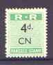 Northern Rhodesia 1951-68 Railway Parcel stamp 4d (small numeral) overprinted CN (Chingola) unmounted mint*, stamps on , stamps on  stamps on railways, stamps on  stamps on cinderella, stamps on  stamps on  kg6 , stamps on  stamps on 