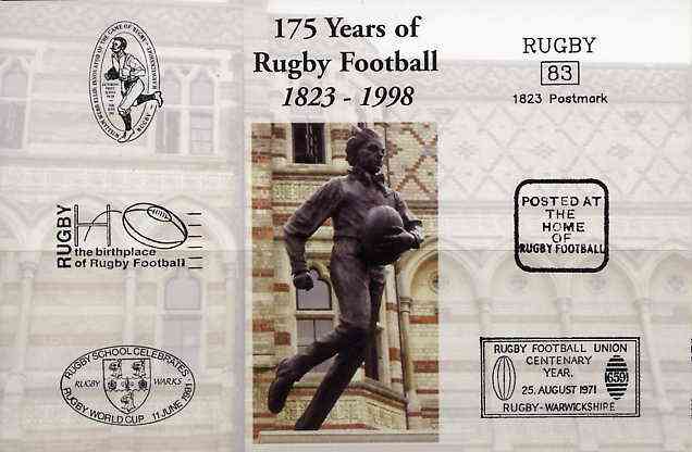 Postcard privately produced in 1998 (coloured) for the 175th Anniversary of Rugby, unused and pristine, stamps on rugby, stamps on sport