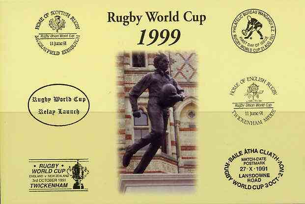 Postcard privately produced in 1999 (coloured) for the Rugby World Cup, unused and pristine, stamps on rugby, stamps on sport