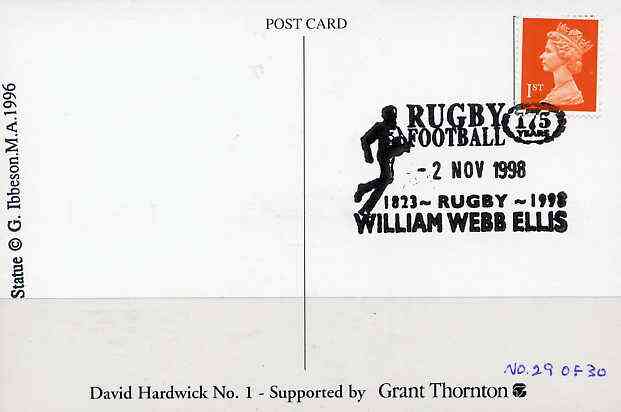 Postcard privately produced in 1998 (coloured) for the 175th Anniversary of Rugby used with special William Webb Ellis commemorative cancellation (numbered limited editio..., stamps on rugby, stamps on sport