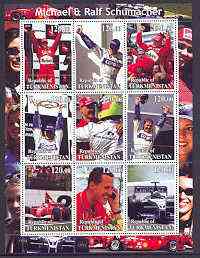 Turkmenistan 2001 The Schumachers (Formula 1) perf sheetlet containing set of 9 values unmounted mint, stamps on , stamps on  stamps on cars, stamps on racing cars, stamps on formula 1, stamps on  stamps on  f1 , stamps on  stamps on shells