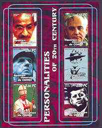 Congo 2001 Personalities of the 20th Century perf sheetlet #12 containing 6 values (Gandhi, Gorbachev, DeGaulle, Baden Powell, Pope John Paul & J F Kennedy) unmounted min..., stamps on personalities, stamps on millennium, stamps on gandhi, stamps on constitutions, stamps on scouts, stamps on pope, stamps on kennedy, stamps on nato