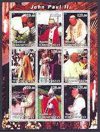 Turkmenistan 2001 Pope John Paul II perf sheetlet containing 9 values unmounted mint, stamps on personalities, stamps on pope