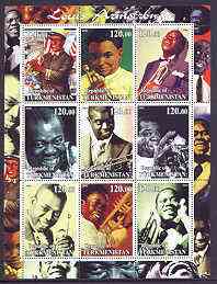Turkmenistan 2001 Louis Armstrong perf sheetlet containing 9 values unmounted mint, stamps on personalities, stamps on music, stamps on jazz