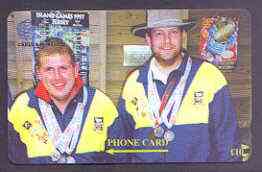 Telephone Card - Falkland Islands £10 'phone card showing David Peck & Graham Didlick, Pistol Shooters in 16th Commonwealth Games, stamps on sport, stamps on rifle, stamps on firearms