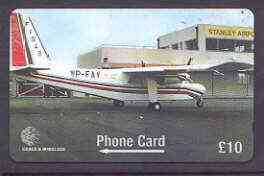 Telephone Card - Falkland Islands £10 'phone card showing Britten-Norman Islander for 50th Anniversary of FI Govt Air Services, stamps on aviation, stamps on britten  