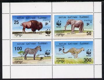 Batum 1994 WWF Wild Animals perf sheetlet containing set of 4 with 'Singpex' opt unmounted mint, stamps on animals    wwf    bison    elephant      zebra     cheetah    cats    stamp exhibitions   bovine, stamps on  wwf , stamps on 