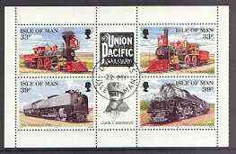 Isle of Man 1992 Union Pacific Railroad pane containing 33p & 39p each in horiz pairs with labels between very fine cds used, SG 522a & 524a, stamps on railways, stamps on americana