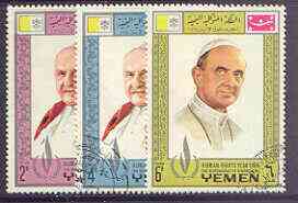 Yemen - Royalist 1968 Human Rights Year the three perf values showing Popes very fine cto used (Mi 543, 547 & 551A)*, stamps on human rights, stamps on personalities, stamps on popes, stamps on pope