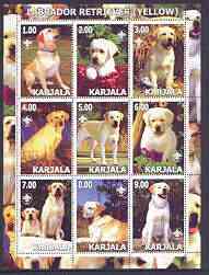 Karjala Republic 2001 Dogs (Golden Labrador Retriever) perf sheetlet containing complete set of 9 values, each with Scout logo unmounted mint, stamps on dogs, stamps on scouts, stamps on labrador