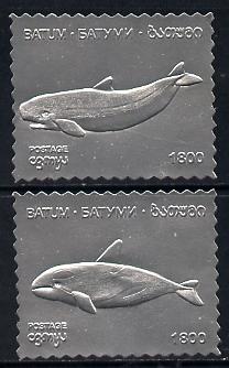 Batum 1994 Whales set of 2 in silver foil unmounted mint, stamps on , stamps on  stamps on animals    marine-life      whales