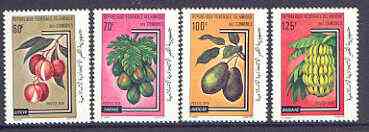 Comoro Islands 1979 Fruit set of four unmounted mint, SG 375-378, stamps on fruit, stamps on bananas, stamps on avocado, stamps on lychee, stamps on papaya
