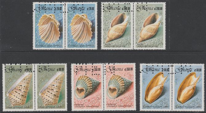 Ghana 1990 Seashells set of 5 each in horiz pairs with part perfin 'T.D.L.R. SPECIMEN' with photocopy of complete sheet showing full layout of the perfin. Note: blocks of 8 (4 pairs) would be required to show the full perfin legend. As SG 1417-21 (ex De La Rue archive sheets) unmounted mint, stamps on shells, stamps on marine life