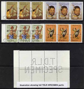 Ghana 1987 Solidarity set of 4 each in strips of 3 with part perfin 'T.D.L.R. SPECIMEN' with photocopy of complete sheet showing full layout of the perfin. Note: blocks of 6 would be required to show the full perfin legend. as SG 1212-15 (ex De La Rue archive sheets) unmounted mint, stamps on human rights, stamps on gold, stamps on mining, stamps on mandela, stamps on nobel, stamps on personalities, stamps on mandela, stamps on nobel, stamps on peace, stamps on racism, stamps on human rights