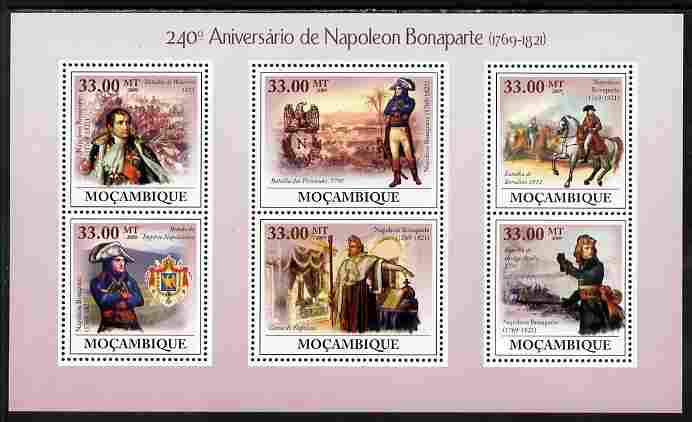 Mozambique 2009 240th Anniversary of Napoleon Bonaparte perf sheetlet containing 6 values unmounted mint, stamps on personalities, stamps on napoleon, stamps on militaria, stamps on horses  , stamps on dictators.