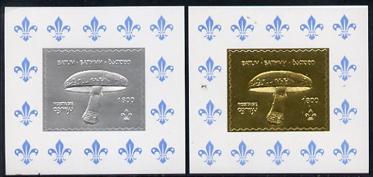 Batum 1994 Fungi set of 2 s/sheets in silver & gold foils (showing Scout emblem) unmounted mint, stamps on fungi  scouts