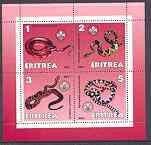 Eritrea 2001 Snakes perf sheetlet containing 4 values each with Scout Logo unmounted mint, stamps on , stamps on  stamps on scouts, stamps on animals, stamps on snakes, stamps on reptiles, stamps on  stamps on snake, stamps on  stamps on snakes, stamps on  stamps on 