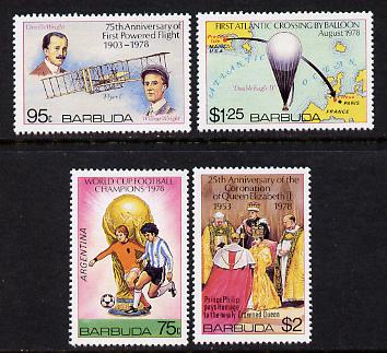 Barbuda 1978 Anniversaries & Events set of 4 unmounted mint, SG 442-5, stamps on football   aviation    royalty  balloons