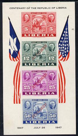 Liberia 1947 US Stamp Centenary imperf m/sheet each stamp optd SPECIMEN mtd mint, SG MS 661 , stamps on americana, stamps on us presidents, stamps on flags