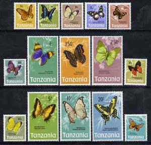 Tanzania 1973 Butterflies definitive set of 15 values complete unmounted mint, SG 158-72, stamps on butterflies