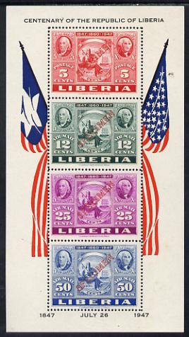 Liberia 1947 US Stamp Centenary perf m/sheet each stamp optd SPECIMEN mtd mint, SG MS 661 , stamps on americana, stamps on us presidents, stamps on flags
