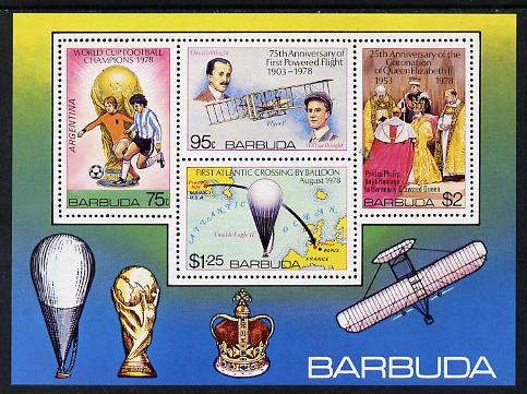 Barbuda 1978 Anniversaries & Events imperf m/sheet unmounted mint, SG MS 446, stamps on football   aviation    royalty  balloons