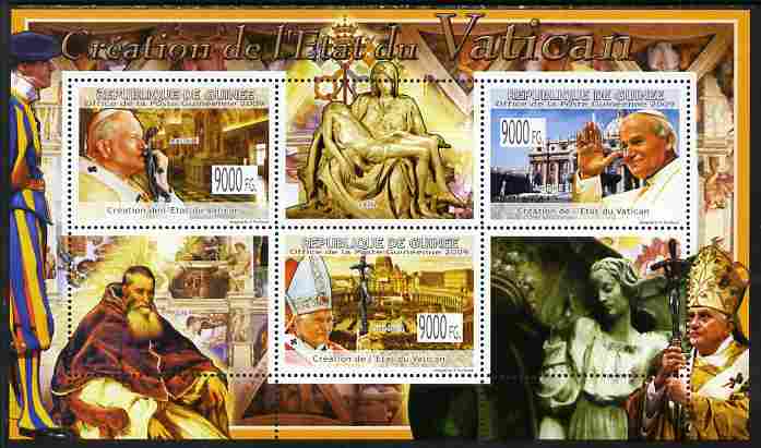 Guinea - Conakry 2009 Creation of the Vatican State perf sheetlet containing 3 values unmounted mint, stamps on personalities, stamps on popes, stamps on religion, stamps on 
