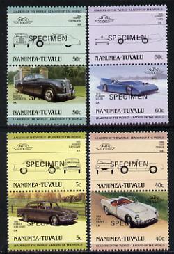 Tuvalu - Nanumea 1985 Cars #1 (Leaders of the World) set of 8 opt'd SPECIMEN unmounted mint, stamps on cars     bentley     bluebird     humber     elva