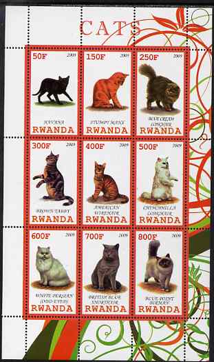Rwanda 2009 Domestic Cats perf sheetlet containing 9 values unmounted mint, stamps on cats