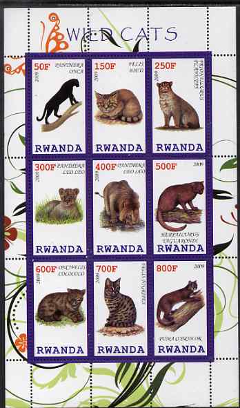 Rwanda 2009 Wild Cats perf sheetlet containing 9 values unmounted mint, stamps on cats