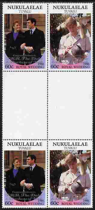 Tuvalu - Nukulaelae 1986 Royal Wedding (Andrew & Fergie) 60c with 'Congratulations' opt in silver in unissued perf inter-paneau block of 4 (2 se-tenant pairs) unmounted mint from Printer's uncut proof sheet, stamps on royalty, stamps on andrew, stamps on fergie, stamps on 