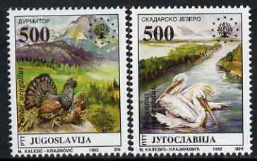 Yugoslavia 1992 Nature Protection set of 2 unmounted mint, SG 2822-23, stamps on , stamps on  stamps on birds, stamps on capercaillie, stamps on pelican, stamps on game