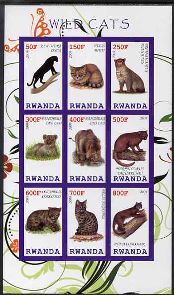 Rwanda 2009 Wild Cats imperf sheetlet containing 9 values unmounted mint, stamps on cats