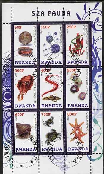 Rwanda 2009 Marine Life perf sheetlet containing 9 values fine cto used, stamps on marine life, stamps on shells, stamps on seaweed, stamps on crabs, stamps on fish