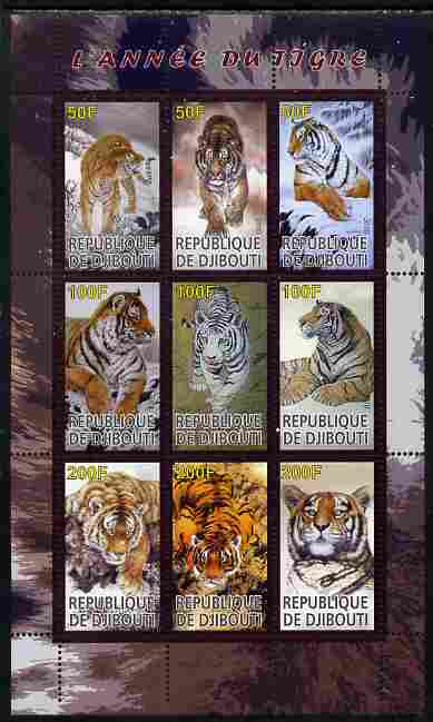 Djibouti 2010 Chinese New Year - Year of the Tiger perf sheetlet containing 9 values unmounted mint, stamps on cats, stamps on lions, stamps on tigers, stamps on lunar, stamps on lunar new year