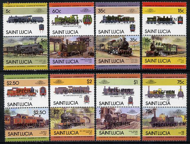 St Lucia 1985 Locomotives #3 (Leaders of the World) set of 16 opt'd SPECIMEN (as SG 761-76) unmounted mint, stamps on railways