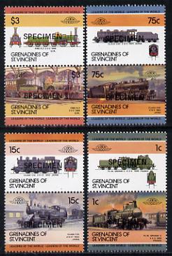 St Vincent - Grenadines 1985 Locomotives #3 (Leaders of the World) set of 8 optd SPECIMEN (as SG 351-58) unmounted mint, stamps on railways