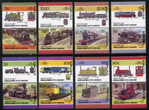 St Vincent - Union Island 1986 Locomotives #4 (Leaders of the World) set of 16 opt'd SPECIMEN unmounted mint, stamps on railways