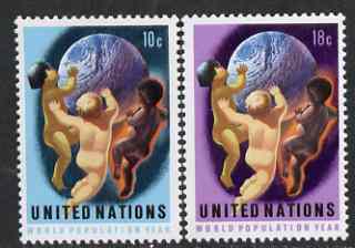 United Nations (NY) 1974 World Population Year set of 2 unmounted mint, SG 259-60, stamps on population, stamps on census, stamps on children, stamps on globes