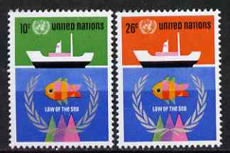 United Nations (NY) 1974 UN Conference on 'Law of the Sea' set of 2 unmounted mint, SG 261-62, stamps on united nations, stamps on ships, stamps on fish, stamps on oceans, stamps on  law , stamps on 
