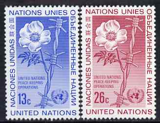 United Nations (NY) 1975 UN Peace Keeping set of 2 unmounted mint, SG 272-73, stamps on united nations, stamps on peace, stamps on roses, stamps on barbed wire