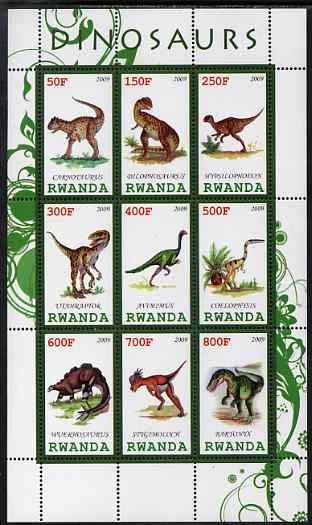 Rwanda 2009 Dinosaurs #1 perf sheetlet containing 9 values unmounted mint, stamps on dinosaurs