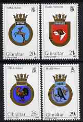 Gibraltar 1984 Naval Crests (3rd series) set of 4 unmounted mint, SG 510-13, stamps on ships, stamps on ship crests, stamps on foxhound, stamps on anchors