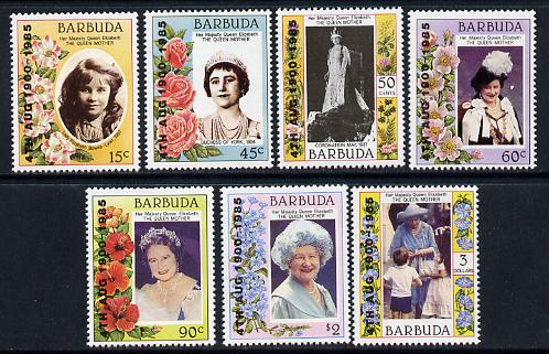 Barbuda 1985 Life & Times of HM Queen Mother 85th Bday opt set of 7 (SG 809-15) unmounted mint, stamps on flowers, stamps on royalty, stamps on queen mother