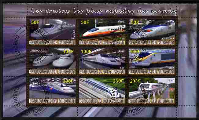 Djibouti 2010 Worlds Fastest Trains perf sheetlet containing 9 values fine cto used, stamps on railways